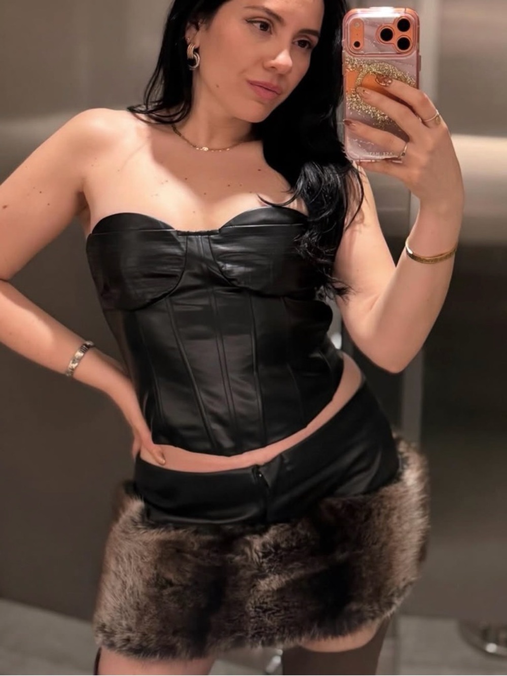 Black Faux Leather Corset Bustier Top with Brown Faux Fur Mini Skirt SET
